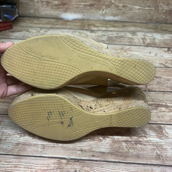 Stuart Weitzman Womens Patent Leather Peep Toe Slingback Wedges Beige Size 9.5 - Picture 4 of 12